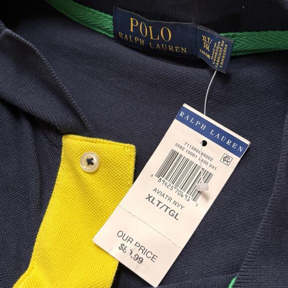 Polo Ralph Lauren Big Pony Polo Shirt XLT Navy Orange Yellow Placket Green 3 NEW - Picture 6 of 7